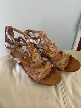 XOXO Tan Floral Cutout Wedge Sandals